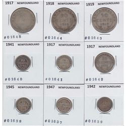 Estate Lot of 1917-1918 Newfoundland Silver coins (9 pieces). You will receive 1917 10c, 1941 10c, 1
