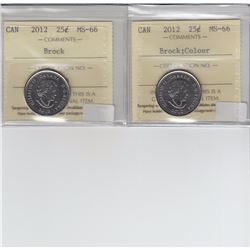 2012 Coloured  & No Coloured Sir Isaac Brock 25-cent ICCS Certified Coins MS-66. 2pcs