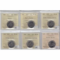 Lot of 6 x Canada Olympic 25-cents ICCS Certified MS-66. You will receive Wheelchair Curling, Alpine