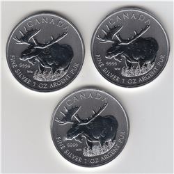 Lot of 3x 2012 Canadian Moose 1oz .9999 Fine Silver Maple Leaf coin. (Tax Exempt)