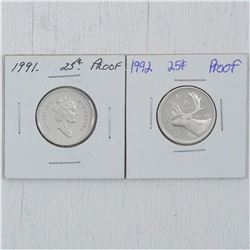 1991 and 1992 Canada 25-cent Silver Proof Coins. 2pcs