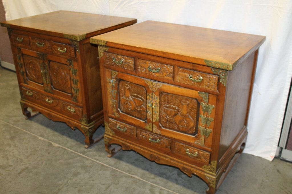 Antique Oriental Asian Carved Wood W Brass Hardware Cabinets