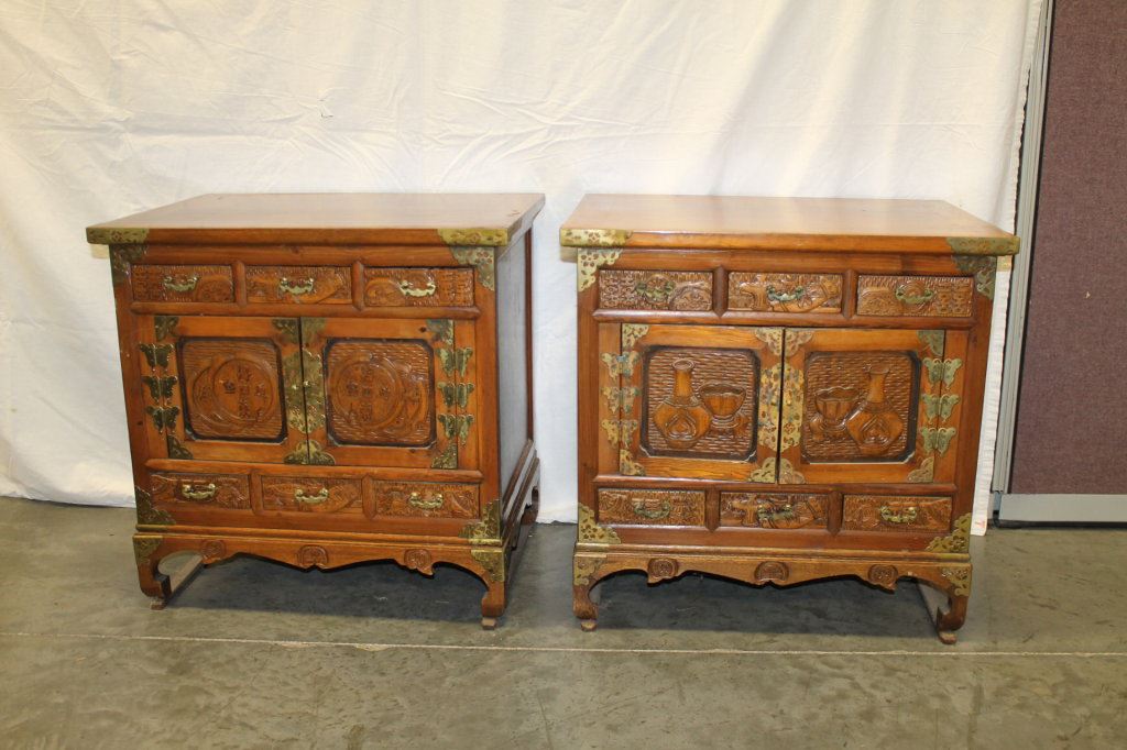 Antique Oriental Asian Carved Wood W Brass Hardware Cabinets