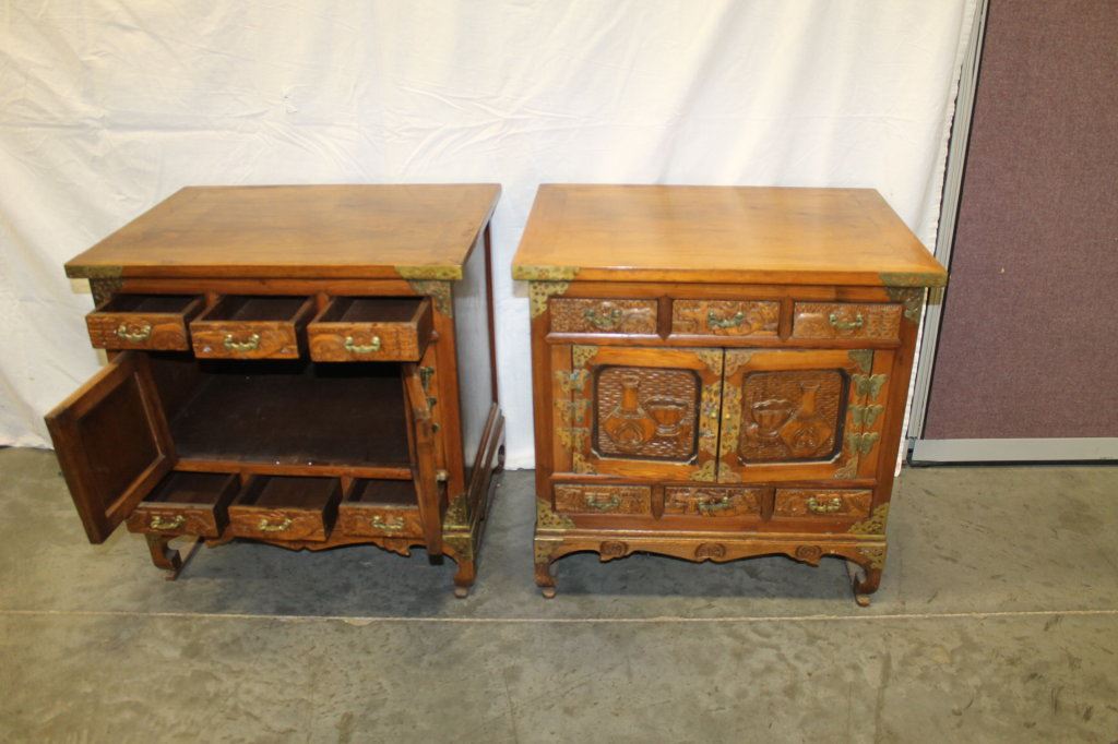 Antique Oriental Asian Carved Wood W Brass Hardware Cabinets