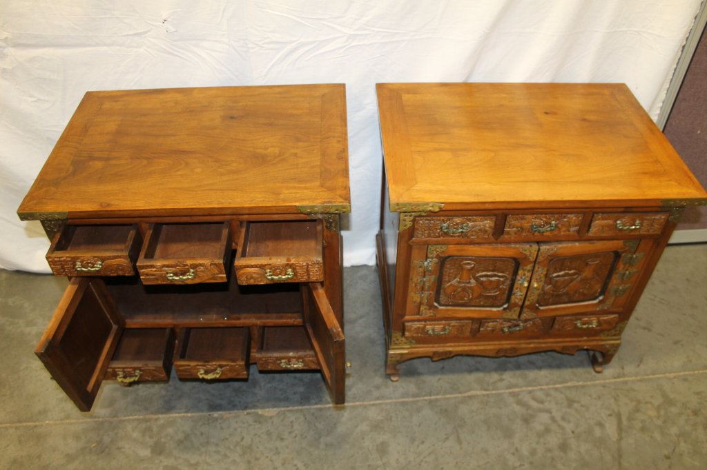 Antique Oriental Asian Carved Wood W Brass Hardware Cabinets