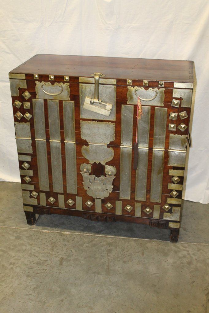 Antique Oriental/Asian Carved Wood W/ Brass Hardware