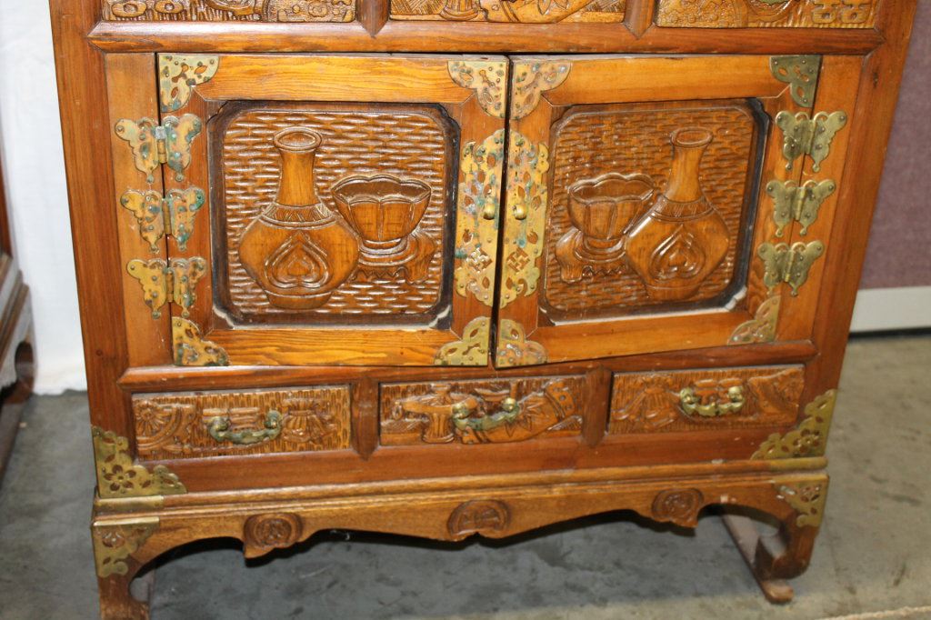 Antique Oriental Asian Carved Wood W Brass Hardware Cabinets