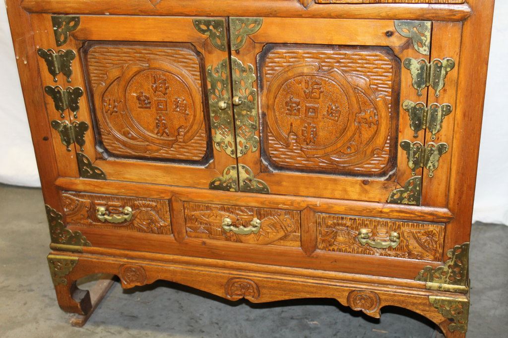 Antique Oriental/Asian Carved Wood W/ Brass Hardware Cabinets