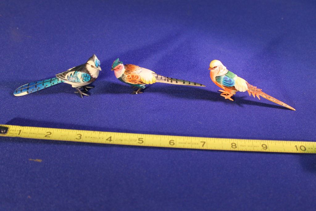 Three Carved Hand Painted Ivory Birds