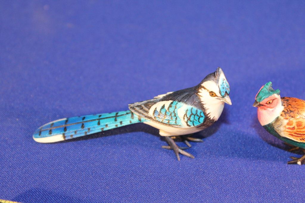 Three Carved Hand Painted Ivory Birds