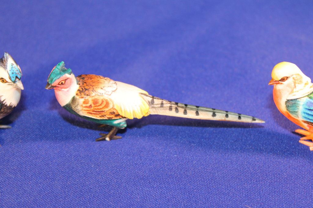 Three Carved Hand Painted Ivory Birds