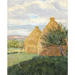 Kodrián, Kornél (Pozsony, 1886 - ?) Napsütötte táj boglyákkal, 1922…