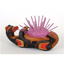 Northwest Coast Carved Otter Bowl with Sea Urchin Lid Carved by Don Smith 10" L. 8" W.  Good Conditi
