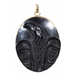 Rufus Moody Carved Argillite Eagle Pendant Set In Bezel - Signed Rufus Moody Skidegate Mission Q.C.I