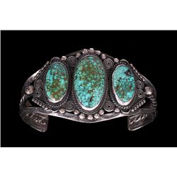 Navajo Ingot Silver and Turquoise Bracelet Set with Three Gem Quality Stones, Twisted Silver Wire an