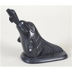 Haida Argillite Killer Whale with Seal Carved by Marcel Russ 4 1/2" W. 3 3/4" H.  Good Condition