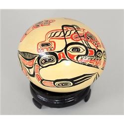 Egg Painted with Northwest Coast Wolf and Killer Whale Design with Stand  Good Condition