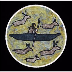 Inuit Wall Hanging of an Inuk in a Kayak Hunting Swimming Caribou Made by Agnes Iqqugagqtveg (1930-2