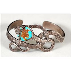 Navajo Ingot Silver and Turquoise Snake Bracelet Set with One Stone 6" L. Inside 1 1/4" W. 1" Gap  F