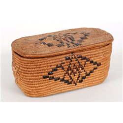 Lillooet Lidded Basket with Imbricated Design 7 1/2" L. 4" W. 3 1/4" H.  Good Condition