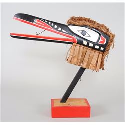 Articulated Hok Hok Mask on Stand Carved by Neal Pootlass - Nuxalk Nation Bella Coola, B.C. 18" L. 1