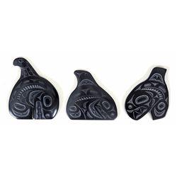 Three Haida Argillite Pendants with Killer Whale Design by Pat Dixon 1 5/8" L. - 2" L.  Good Conditi