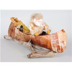 Birch Bark Canoe "Christmas Voyageur" Complete with Paddle, Snowshoes and a Lantern Made by Kathy Hu