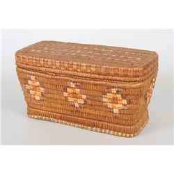 Puget Sound Lidded Basket with Rare Dyed Imbricated Design 10" L. 5 1/2" W. 4" H.  Good Condition