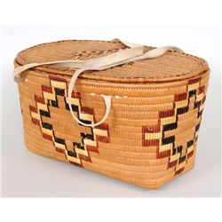 Salish Lidded Basket with Diamond Imbricated Design 14" L. 10 1/2" W. 7 3/4" H.  Good Condition with