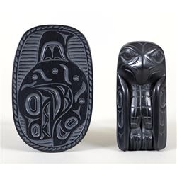 Two Haida Argillite Pendants with Eagle Design by Pat Dixon 2 3/4" L. 1 1/4" W. and a Killer Whale D