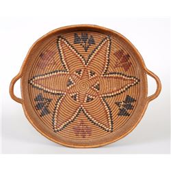 Lillooet Handled Basketry Tray with Imbricated Star and Floral Design 21 1/2" W.  Good Condition
