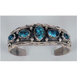 Navajo Silver and Red Mountain Turquoise Bracelet Set with Five Stones, Twisted Silver Wire, Silver 