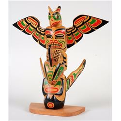 Lloyd Wadhams Totem Carved with Thunderbird and Killer Whale - Alert Bay, B.C. 12" H. 12" W.  Good C