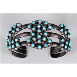 Early Zuni Silver and Turquoise Cluster Bracelet 67 GMS 5 1/4" L. Inside 1 3/8" W. 1 1/8" Gap  Fine 