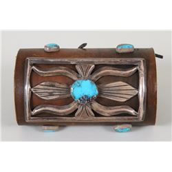 Navajo Silver and Turquoise Tufa Cast Ketoh Set with Five Stones 5" L. Fine Condition