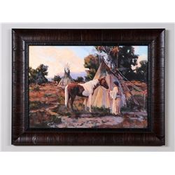 Original Painting on Canvas of a Native with Horse Signed Everett Russell 20 1/2"x 27" Framed  Good 