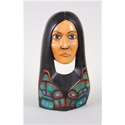 Coast Salish Maiden Head Carved by Jacob Lewis 18" H. 10" W.  Good Condition