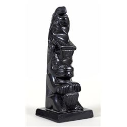 Claude Davidson Argillite Totem Carved with Eagle, Killer Whale, Raven and Beaver 4 3/8" H. 1 3/4" W
