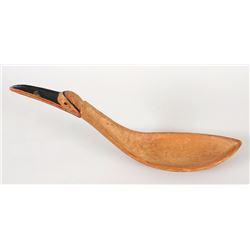 Northwest Coast Carved and Painted Ladle with Raven Handle and Carved Design On Bottom of Ladle 15" 