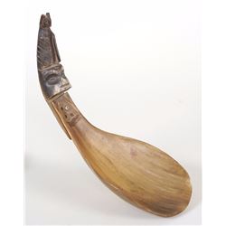 19TH C. Tlingit Spoon with Figural Handle Carved in Two Pieces and Rivited Together 10" L. 3 3/8" W.