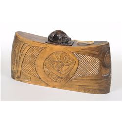 Carved Yellow Cedar Container with Carved Otter Lid Signed Stephens 15" L. 3 3/8" W. 8" H.  Good Con