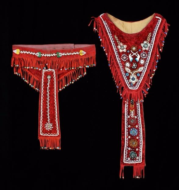 Iroquois Beaded Red Velvet Belt with Drop and Floral Design ca. 1900 47