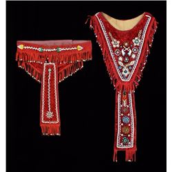 Iroquois Beaded Red Velvet Belt with Drop and Floral Design ca. 1900 47" L. 21" W. and  Iroquois Bea