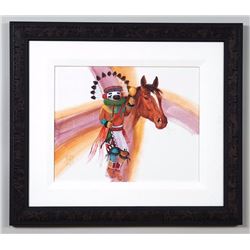 Original Painting on Canvas of a Hopi Dancer and Horse Signed T. Jones 27 x 31  Framed  Good Conditi