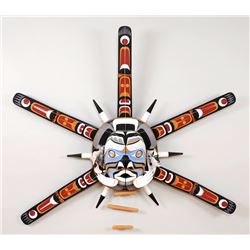 Kwagiulth Articulated Sun & Storm Transition Mask Carved by George Hunt and Tony Hunt Jr. 53" H. 62"
