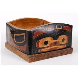 Kwakwaka'wakw Bent Wood Box Carved and Painted by Jerry Smith 11 3/4" Sq. 6 5/8" H.  Good Condition