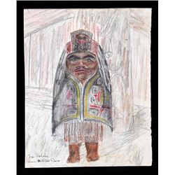 Bill Reid Pencil Drawing of a Haida Chief Wearing a Chilkat and Frontlet Signed "For Bobby Xmas 83 B