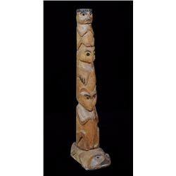 Tlingit Alder Totem with Chief, Owl and Bear on a Frog Base by W.H. Moore Dec. 14, 1944  17 1/2" H. 