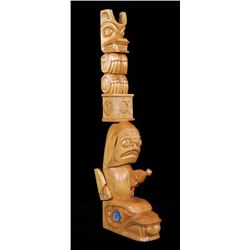 Northwest Coast Yellow Cedar Totem Carved with a Bear on a Box and Shark on Wasco's Tail 31 1/2" H. 