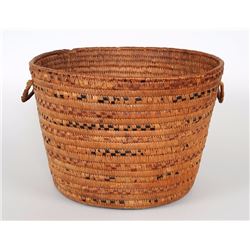 Salish Basket with Handles and Banded Imbricated Design 13 1/2" D. 9 1/2" H.  Good Condition with Mi